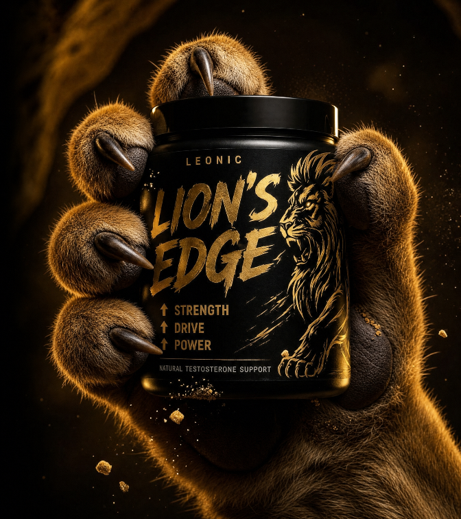 Paws holding a 'Lion's Edge' supplement container with a lion design on a dark background